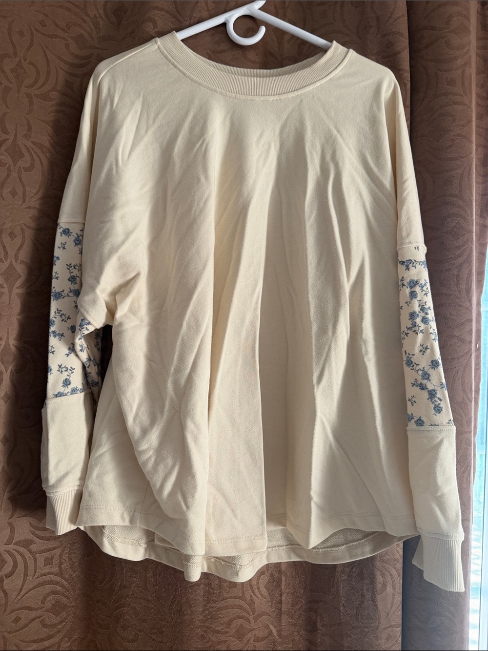 torrid Cream Long-Sleeve Tee with Blue Floral Sleeve Detail